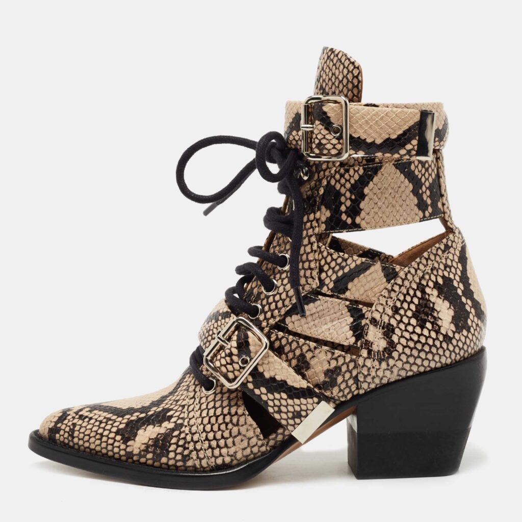 luxury-women-chloe-used-shoes-p761894-003 Chloe Brown/Black Python Embossed Leather Rylee Ankle Boots Size 36