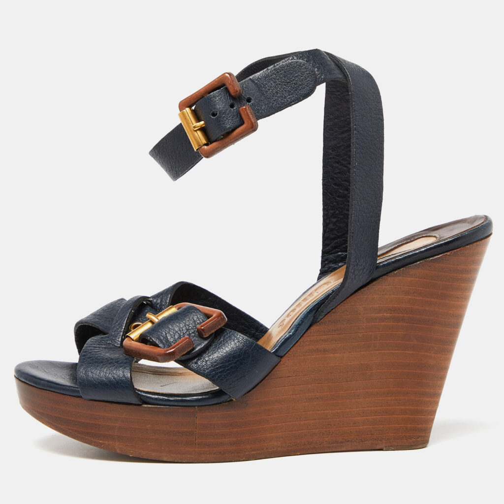 Chloe Navy Blue Leather Buckle Detail Wedge Platform Ankle Wrap Sandals Size 38