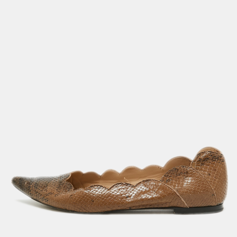 luxury-women-chloe-used-shoes-p922066-001 Chloe Two Tone Scalloped Embossed Python Pointed Toe Ballet Flats Size 40