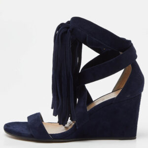 Chloe Navy Blue Suede Cross Strap Fringe Detail Wedge Sandals Size 36