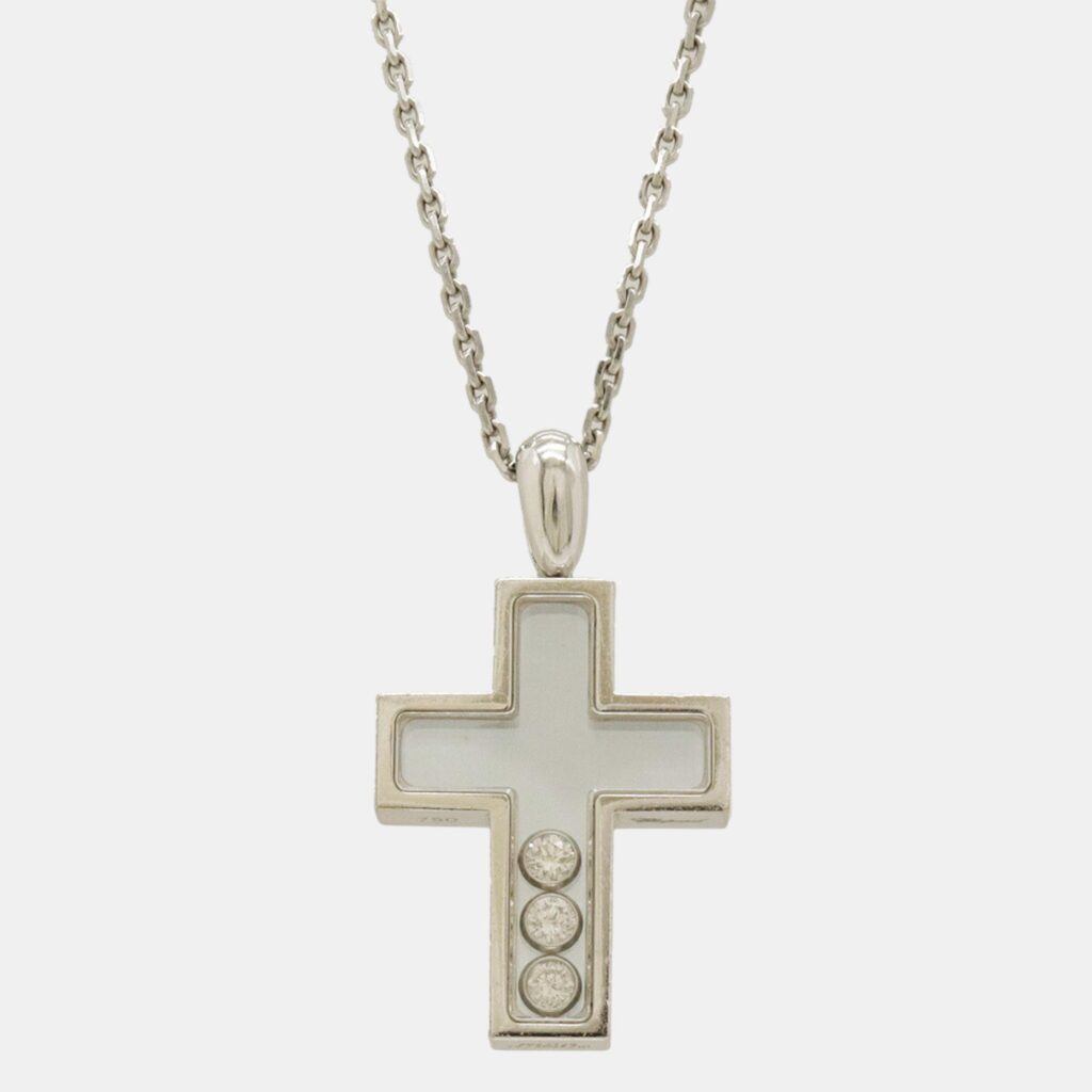 luxury-women-chopard-used-fine-jewelry-p1086810-007 Chopard 18K White Gold and Diamond Happy Diamonds Cross Pendant Necklace