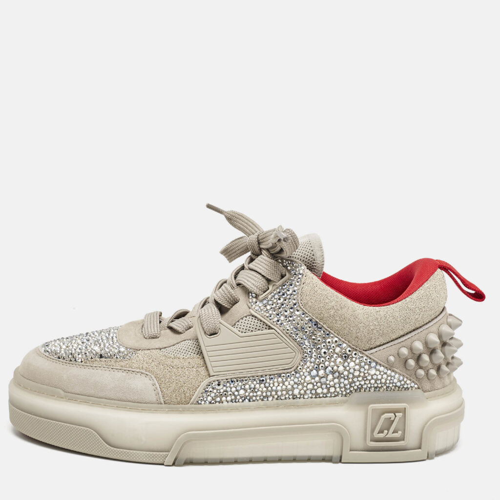 Christian Louboutin Grey Suede Astroloubi Strass Low Top Sneakers Size 41.5