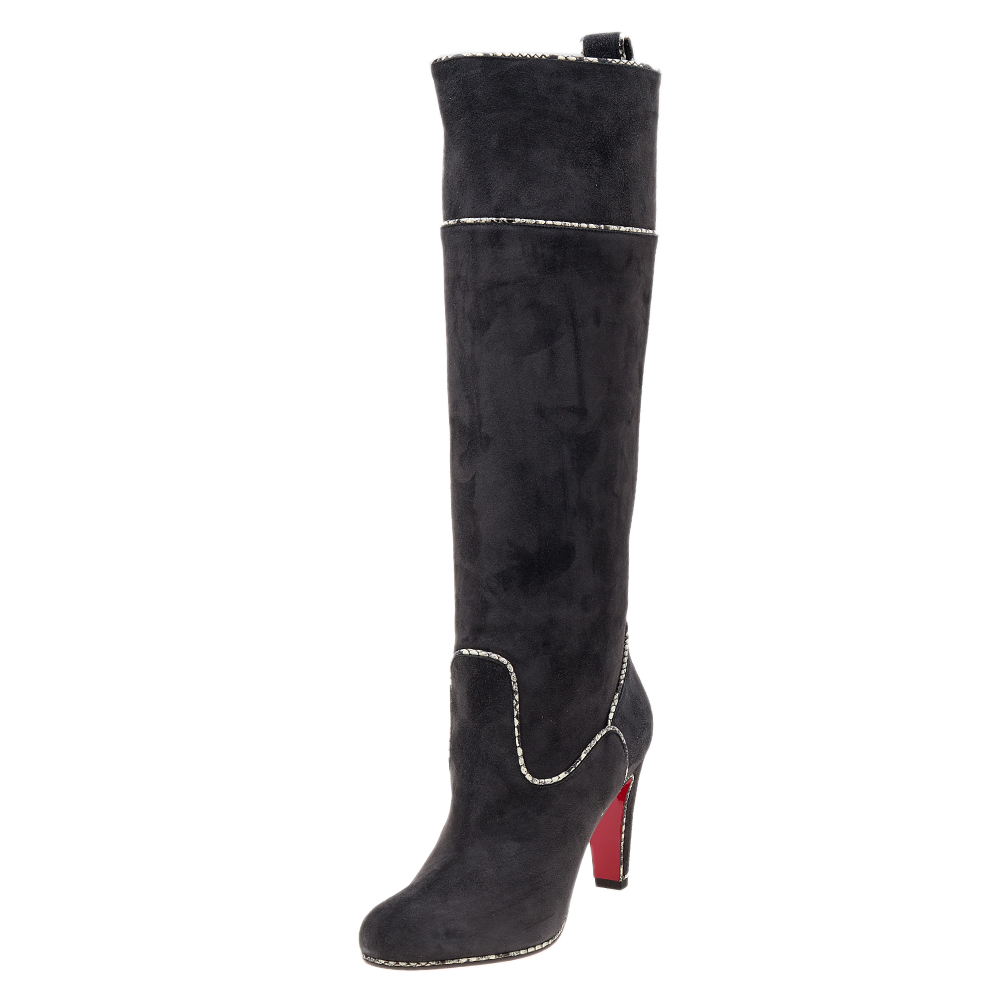 luxury-women-christian-louboutin-new-shoes-p572329-006-2 Christian Louboutin Dark Grey Suede And Snakeskin Trim Louloubotta Knee Length Boots Size 36.5