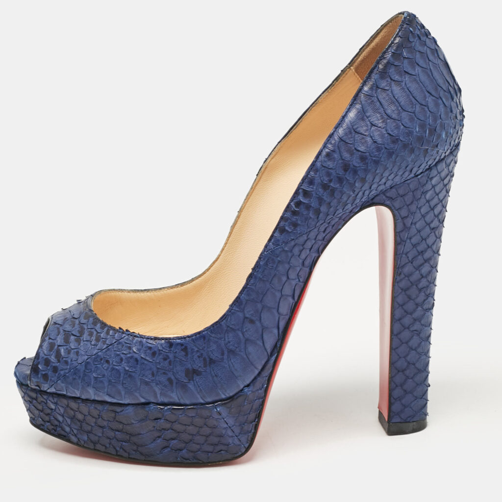 luxury-women-christian-louboutin-used-shoes-p1037110-001 Christian Louboutin Blue Python Leather Lady Peep Peep Toe Pumps Size 37