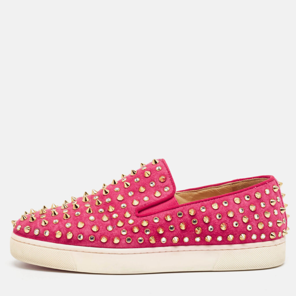 luxury-women-christian-louboutin-used-shoes-p1038425-010 Christian Louboutin Pink Suede Boat Spike Slip On Sneakers Size 36