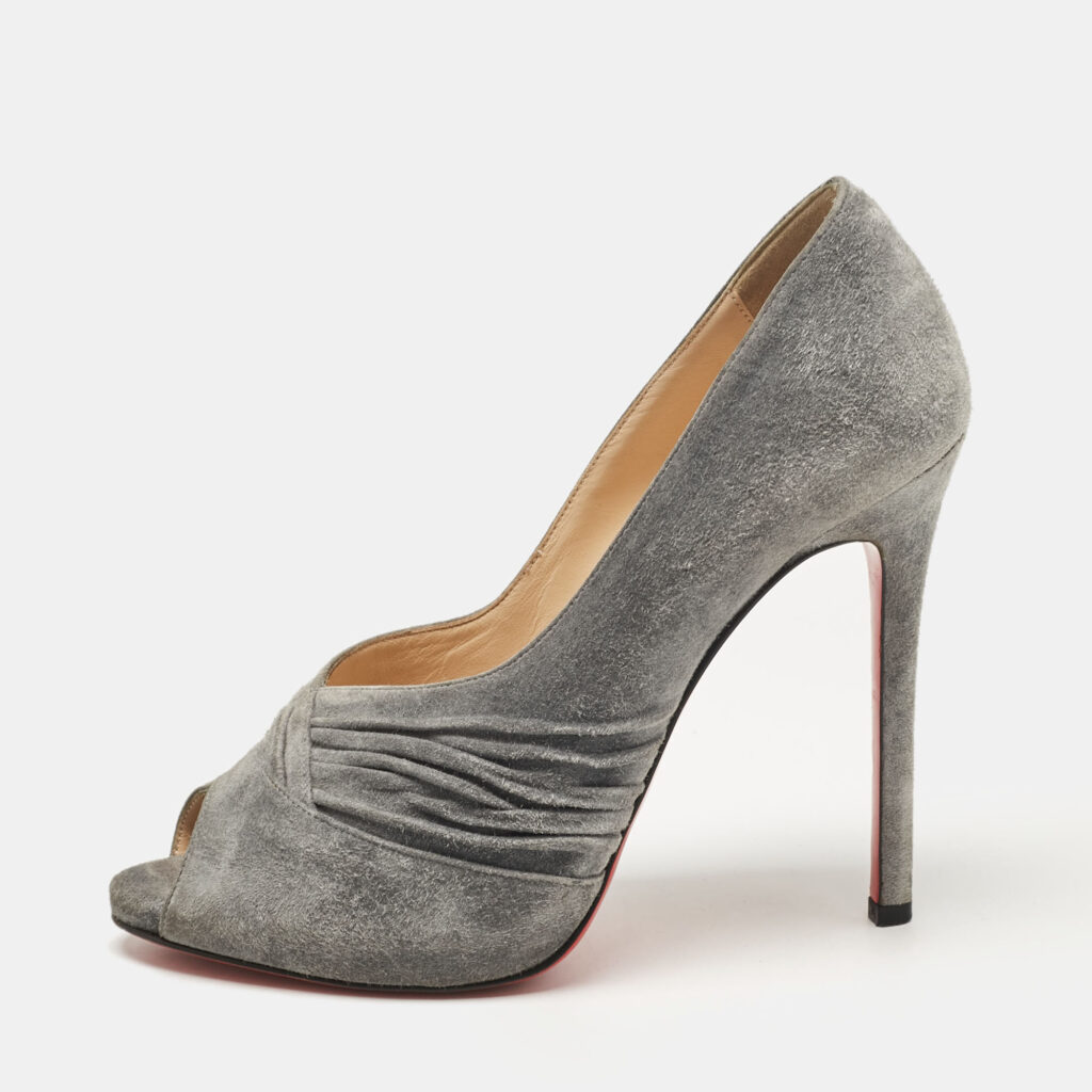 luxury-women-christian-louboutin-used-shoes-p1040909-003 Christian Louboutin Grey Suede Lady Gres Peep Toe Pumps Size 38.5