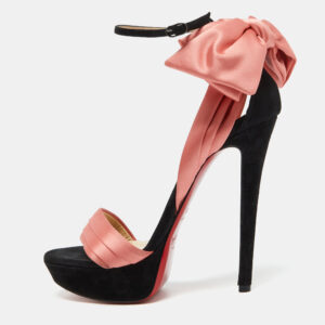 Christian Louboutin Coral/Black Satin and Suede Bow Vampanodo Sandals Size 38.5
