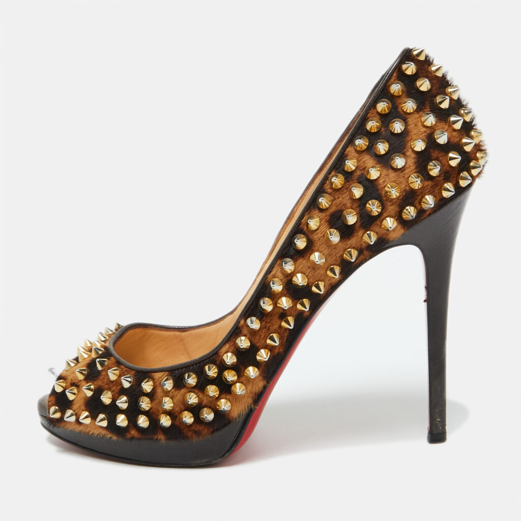 luxury-women-christian-louboutin-used-shoes-p1076705-001 Christian Louboutin Leopard Print Calf Hair Yolanda Spikes Peep Toe Pumps Size 39