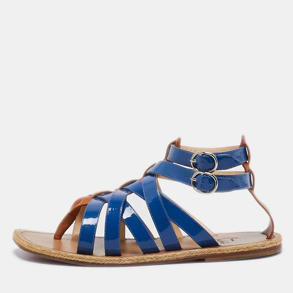 luxury-women-christian-louboutin-used-shoes-p1077145-001 Christian Louboutin Blue/Brown Patent Leather Caged Espadrille Flat Sandals Size 40
