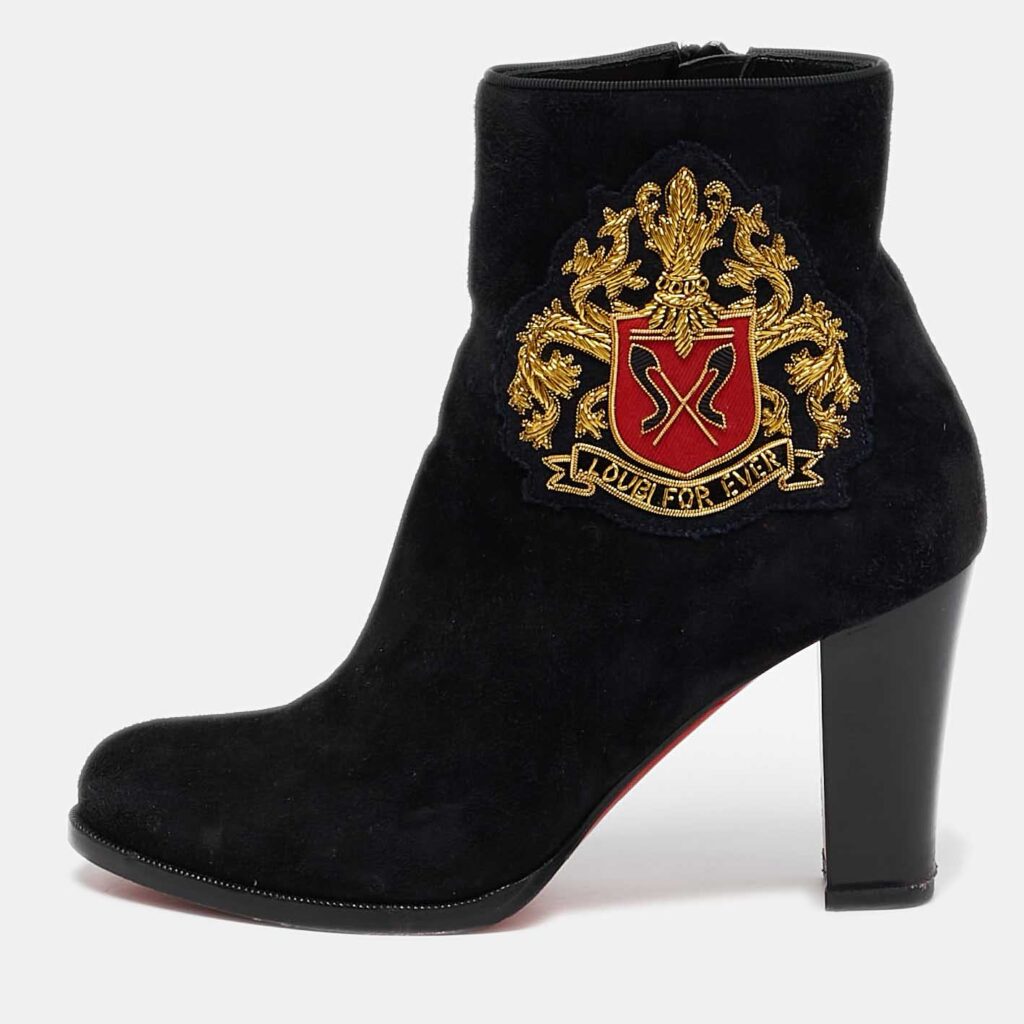 luxury-women-christian-louboutin-used-shoes-p1079897-001 Christian Louboutin Black Suede Embroidered Patch Collegissima Ankle Boots Size 36.5