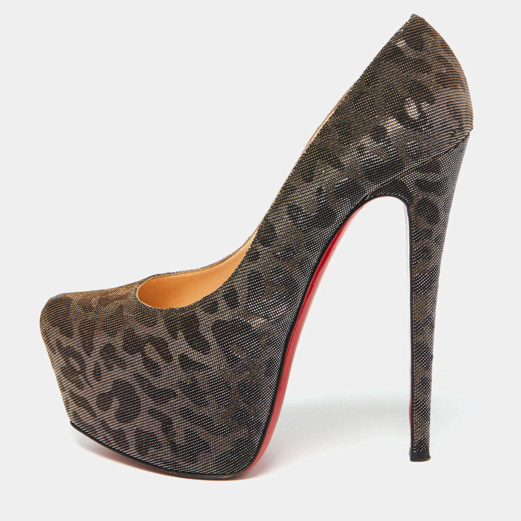 luxury-women-christian-louboutin-used-shoes-p1082108-008 Christian Louboutin Metallic Lurex Fabric Leopard Print Daffodile Platform Pumps Size 40