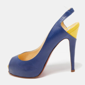 Christian Louboutin Navy Blue/Yellow Leather No Prive Peep-Toe Slingback Sandals Size 36