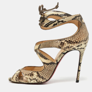 Christian Louboutin Brown/Beige Python Leather Ankle Strap Sandals Size 38.5