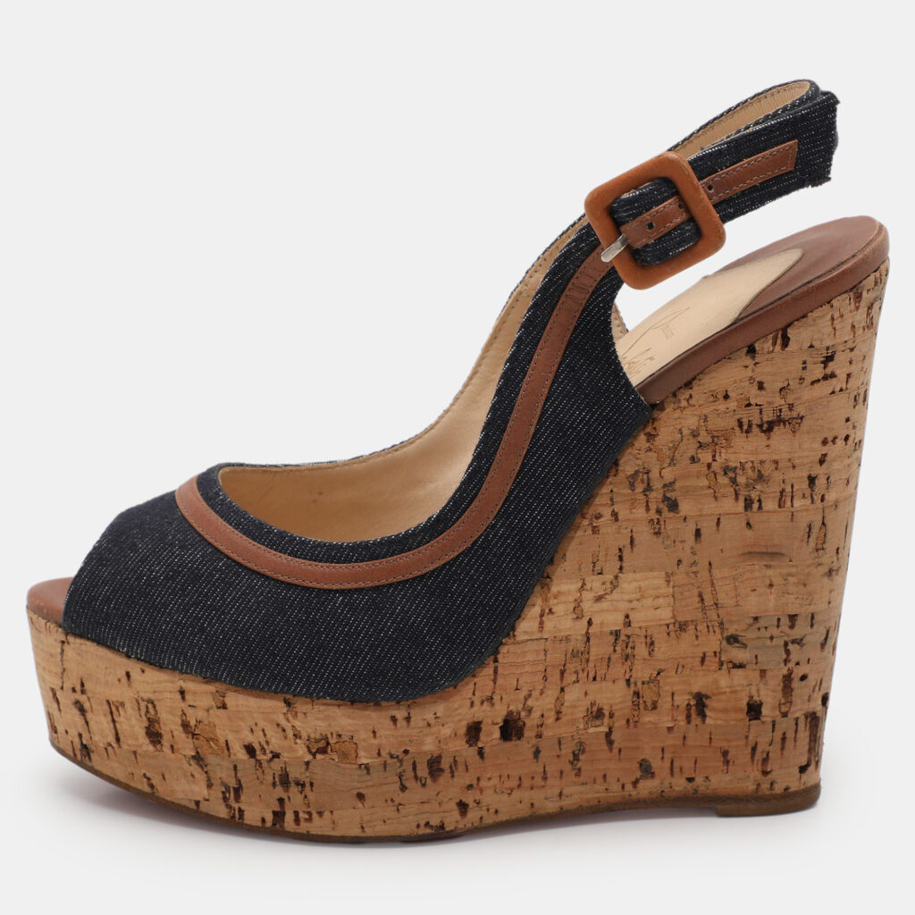 luxury-women-christian-louboutin-used-shoes-p1106229-007 Christian Louboutin Dark Blue Fabric and Leather Une Plume Sandals Size 36