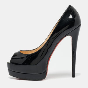 Christian Louboutin Black Patent Leather Lady Peep Toe Platform Pumps Size 38.5
