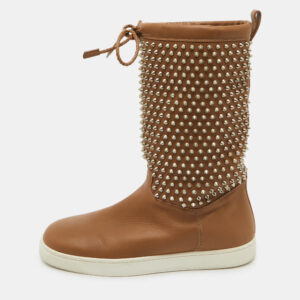 Christian Louboutin Brown Leather Surlapony Spiked Mid Calf Boots Size 43