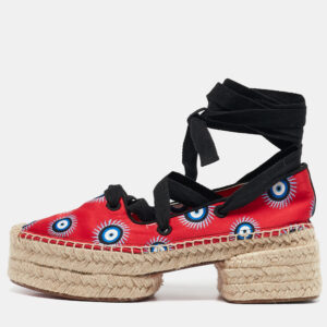 Christian Louboutin Red Fabric Evil Eye Print Platform Espadrille Sandals Size 38