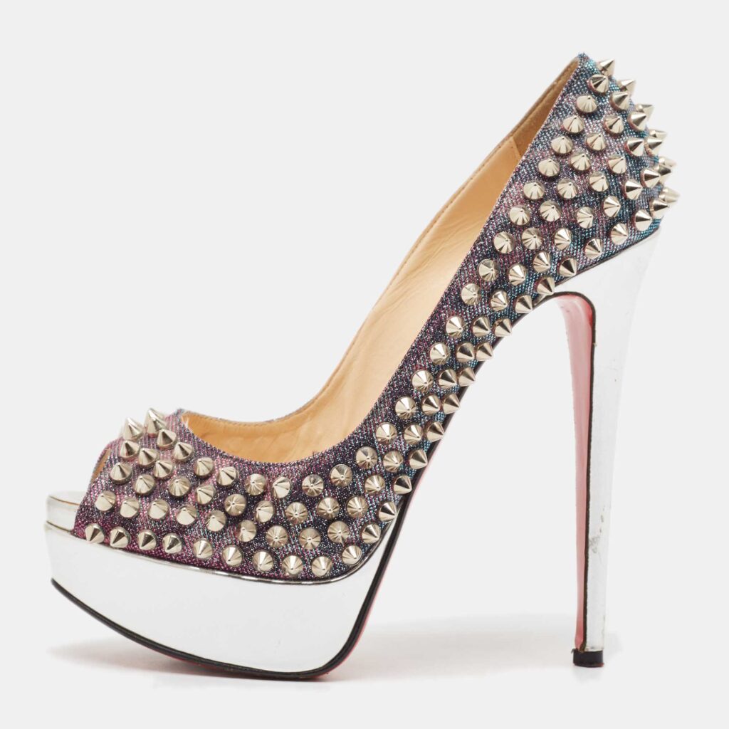 luxury-women-christian-louboutin-used-shoes-p1111279-003 Christian Louboutin Metallic Lurex Fabric Lady Peep Spikes Pumps Size 35.5