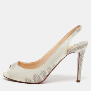 Christian Louboutin Cream/Grey Python Embossed Leather Peep Toe Slingback Sandals Size 38