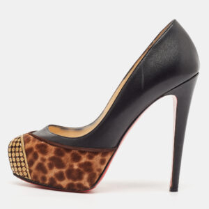 Christian Louboutin Black/Brown Leopard Print Calf Hair and Leather Maggie Platform Pumps Size 37