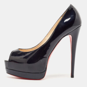 Christian Louboutin Black Patent Leather Palais Royal Peep Toe Platform Pumps Size 38