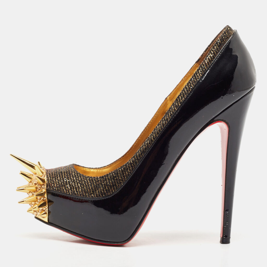 luxury-women-christian-louboutin-used-shoes-p1112546-010 Christian Louboutin Black/Gold Patent Leather and Lurex Fabric Asteroid Spike Pumps Size 36.5