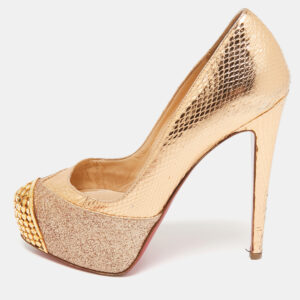 Christian Louboutin Gold Glitter & Snakeskin Embossed Leather Platform Pumps Size 35.5
