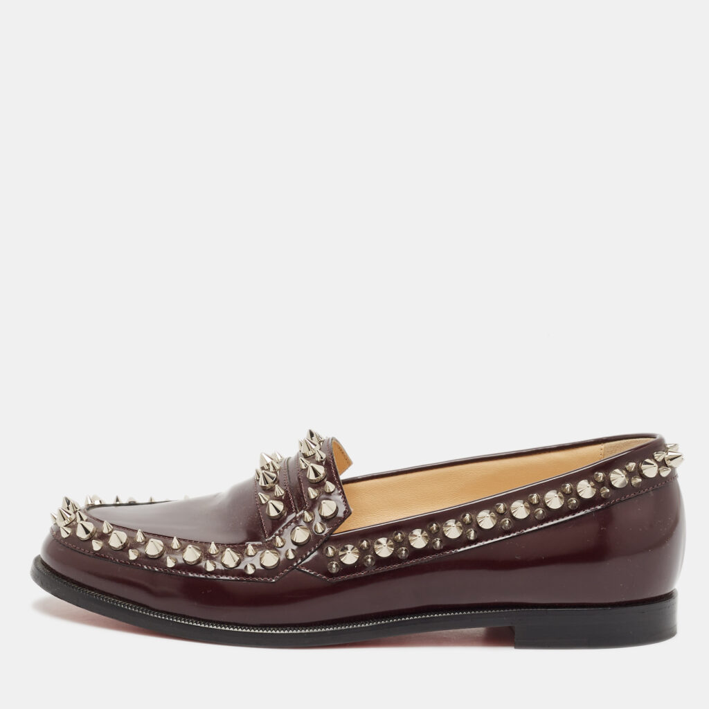 luxury-women-christian-louboutin-used-shoes-p1115725-001 Christian Louboutin Burgundy Leather Spike Embellished Slip On Loafers Size 37