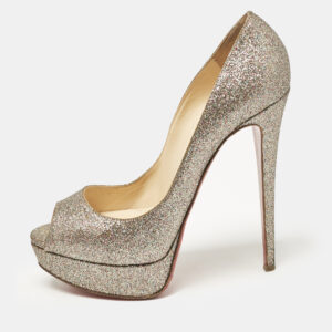 Christian Louboutin Gold Glitter Lady Peep Toe Platform Pumps Size 38.5