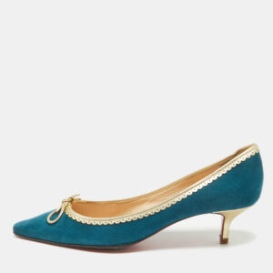 Christian Louboutin Blue/Gold Leather and Suede Pointed Toe Pumps Size 38