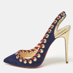 Christian Louboutin Navy Blue Suede Ostri Slingback Pumps Size 39