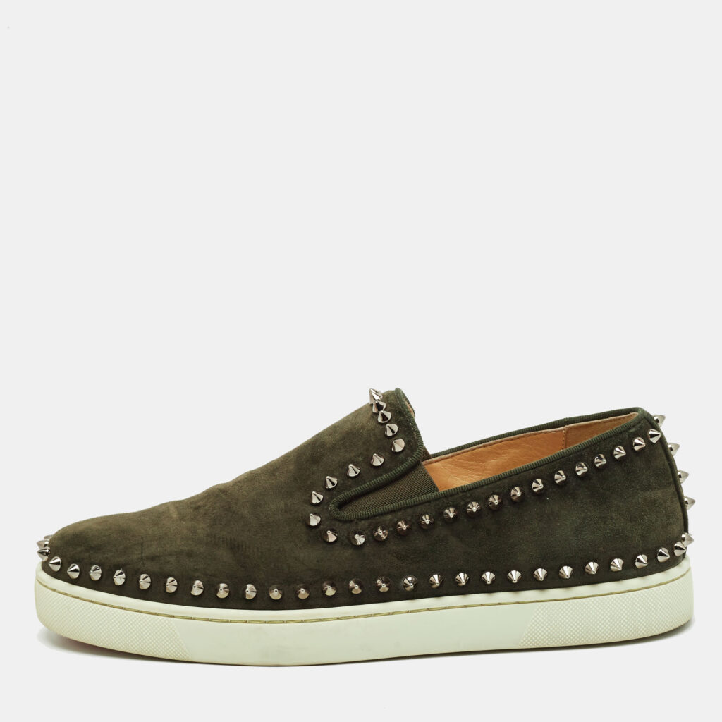 luxury-women-christian-louboutin-used-shoes-p1128375-001 Christian Louboutin Dark Green Suede Spike Pik Boat Slip On Sneakers Size 40.5