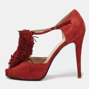 Christian Louboutin Red Suede Flower Bow Ankle Strap Sandals Size 38