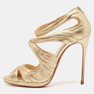 Christian Louboutin Gold Leather Kashou Ankle Strap Sandals Size 38.5
