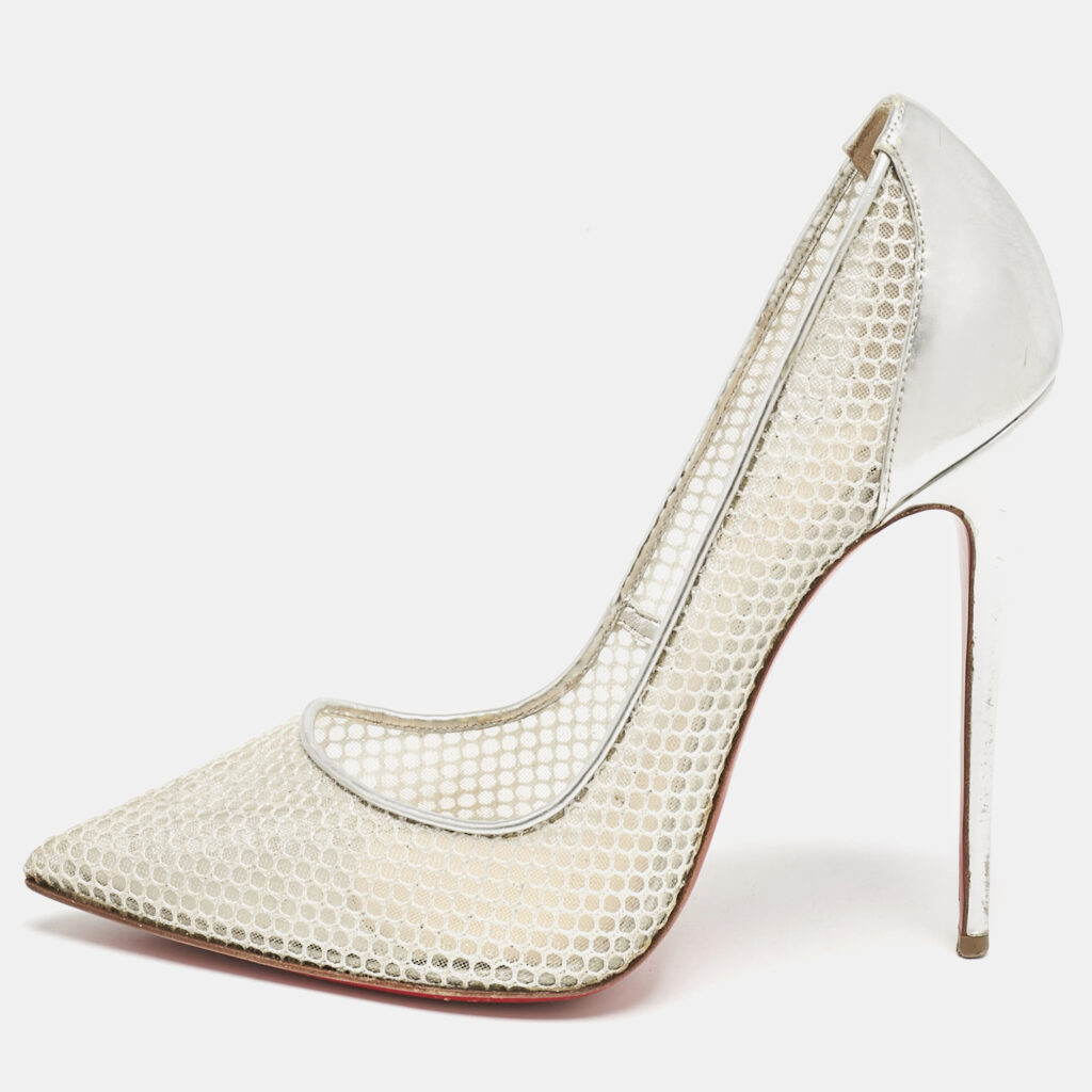 luxury-women-christian-louboutin-used-shoes-p1136922-007 Christian Louboutin Silver Mesh and Leather Follies Resille Pointed Toe Pumps Size 40