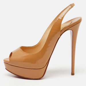 Christian Louboutin Beige Patent Leather Lady Peep Toe Slingback Platform Pumps Size 40