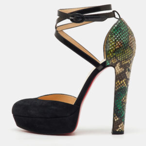 Christian Louboutin Black/Green Suede and Python Ankle Strap Platform Pumps Size 38.5
