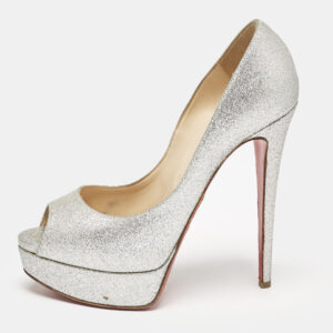 Christian Louboutin Metallic Silver Glitter Lady Peep Toe Platform Pumps Size 38