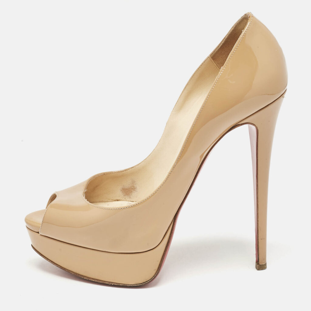 luxury-women-christian-louboutin-used-shoes-p1145713-010 Christian Louboutin Beige Patent Leather Very Prive Peep Toe Pumps Size 39