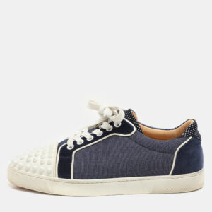 Christian Louboutin Blue/White Denim And Leather Vieira Spikes Low Top Sneakers Size 37