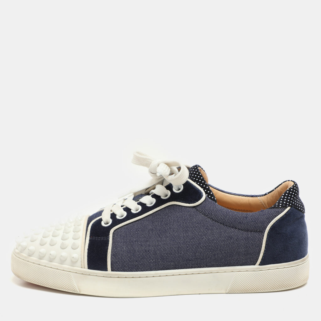 Christian Louboutin Blue/White Denim And Leather Vieira Spikes Low Top Sneakers Size 37