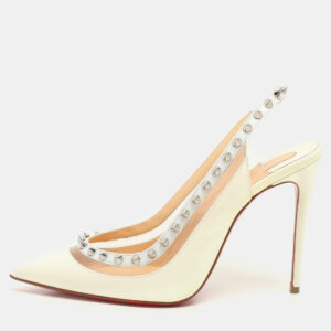 Christian Louboutin Cream Patent Leather and PVC Brigandine Spike Slingback Pumps Size 36.5