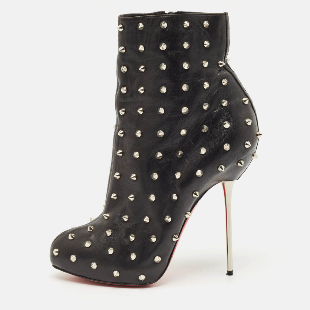 Christian Louboutin Black Leather Big Lips Spiked Ankle Boots Size 38.5