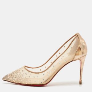 Christian Louboutin Beige Mesh and Patent Leather Follies Strass Pumps Size 39
