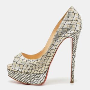 christian louboutin silver/gold lurex fabric lady peep pumps size 37
