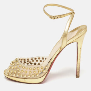 Christian Louboutin Gold Leather and PVC Spiked St Jeannette Ankle Strap Sandals Size 39