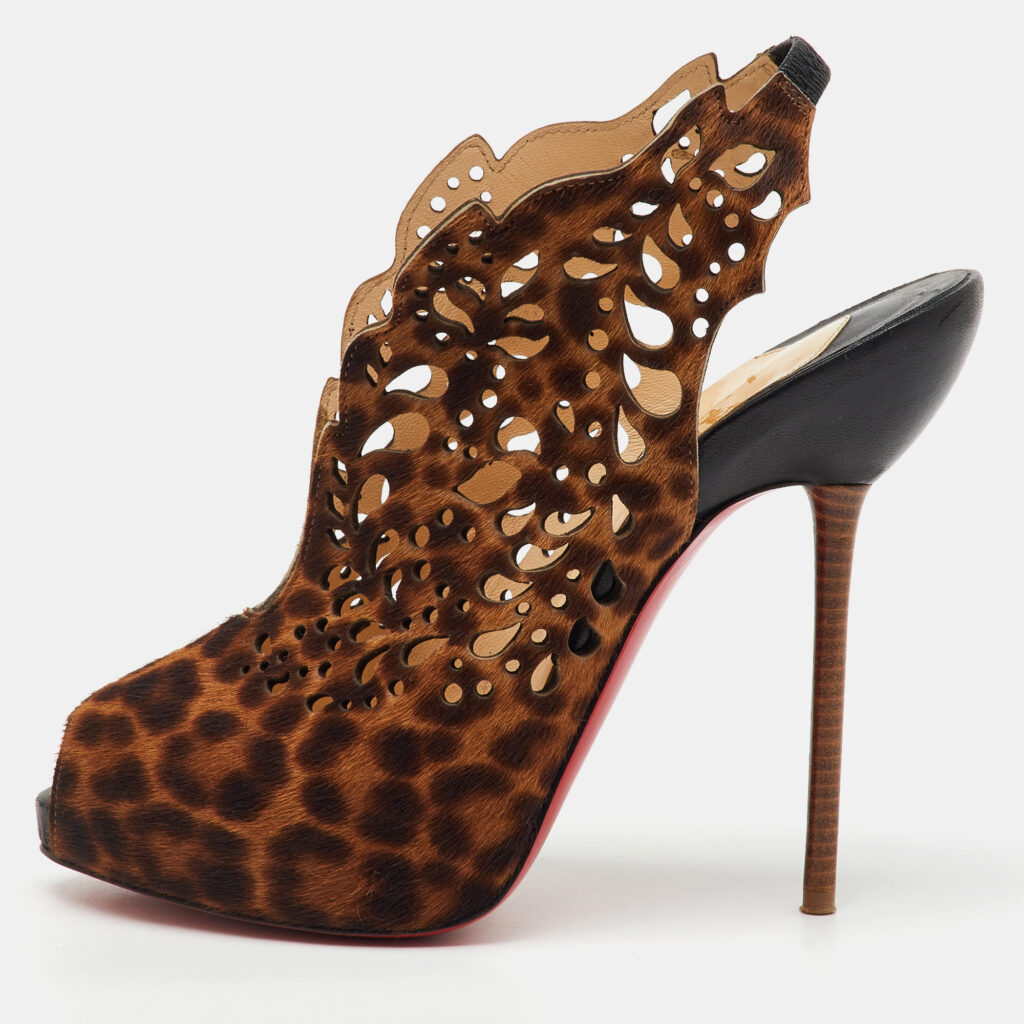 luxury-women-christian-louboutin-used-shoes-p1150040-009 Christian Louboutin Brown Leopard Print Calf Hair Markesling Peep Toe Pumps Size 38