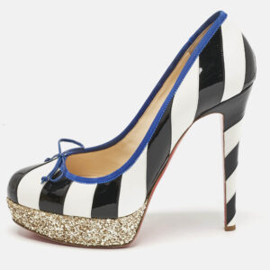 Christian Louboutin White/Black Striped Patent and Leather Foraine Pumps Size 41