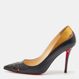 Christian Louboutin Black/Gold Leather and Satin Pointed Toe Pumps Size 39