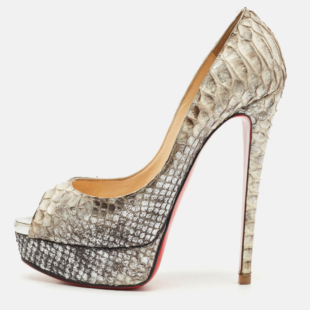 luxury-women-christian-louboutin-used-shoes-p1153108-010 Christian Louboutin Metallic/Silver Python Leather Lady Peep Toe Platform Pumps Size 38.5